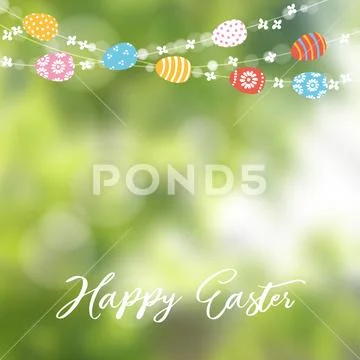 Happy Easter greeting card, invitation. String of lights, colorful Easter eggs Stock Illustration