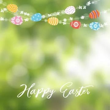 Happy Easter greeting card, invitation. String of lights, colorful Easter eggs Stock Illustration