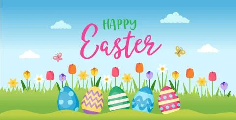 Happy Easter - greeting card with lettering and spring landscape with flowers Illustrazione stock
