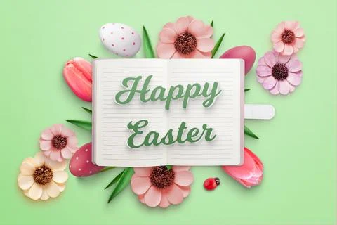 Happy Easter greeting card with notebook and Easter eggs and flowers Stock Photos