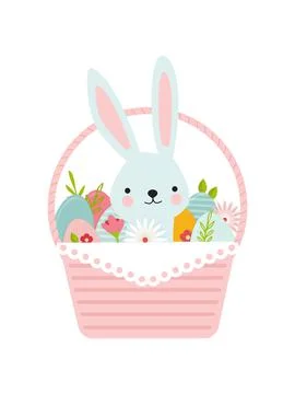 Happy Easter. Greeting card or a posters with easter basket, bunny, spring Stock Illustration