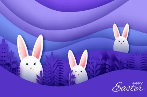 Happy Easter Greeting card with paper cut bunny rabbit, spring flowers. Origami Stock Illustration