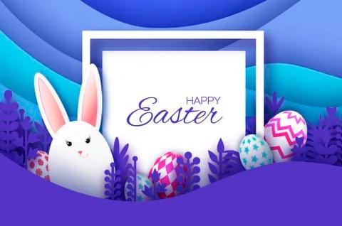Happy Easter Greeting card with paper cut bunny rabbit, spring flowers. Eggs Stock Illustration