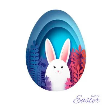 Happy Easter Greeting card with paper cut bunny rabbit, colorful spring flowers Stock Illustration