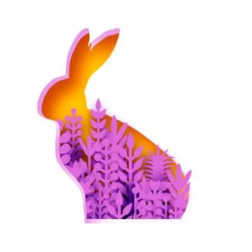 Happy Easter Greeting card with paper cut bunny rabbit, violet spring flowers Stock Illustration