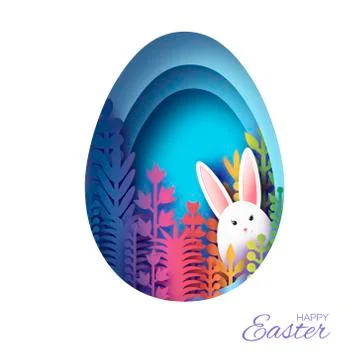 Happy Easter Greeting card with paper cut bunny rabbit, colorful spring flowers Stock Illustration