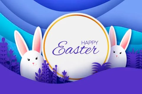 Happy Easter Greeting card with paper cut bunny rabbit, spring flowers. Origami Stock Illustration