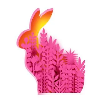 Happy Easter Greeting card with paper cut bunny rabbit, pink spring flowers Stock Illustration