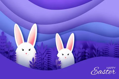 Happy Easter Greeting card with paper cut bunny rabbit, spring flowers. Origami Stock Illustration