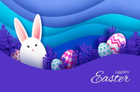 Happy Easter Greeting card with paper cut bunny rabbit, spring flowers, colorful Stock Illustration