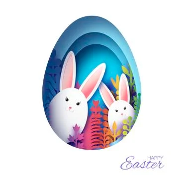 Happy Easter Greeting card with paper cut bunny rabbit, colorful spring flowers Stock Illustration