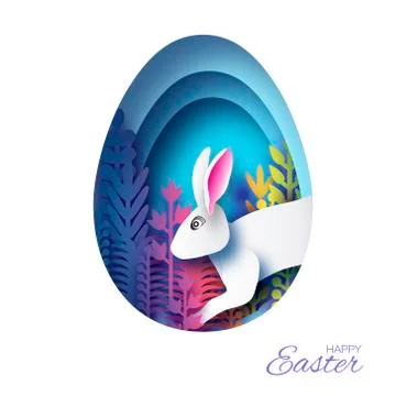 Happy Easter Greeting card with paper cut bunny rabbit, colorful spring flowers Stock Illustration