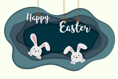 Happy Easter greeting card in paper cut and craft style with rabbits Stock Illustration