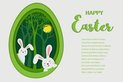 Happy Easter greeting card with paper art of bunny in egg shape background Stock Illustration