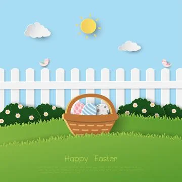 Happy Easter greeting card on paper cut and craft style Stock Illustration