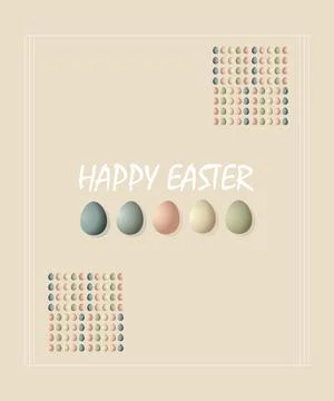 Happy Easter greeting card with pastel-colored eggs and abstract geometric .. Illustrazione stock
