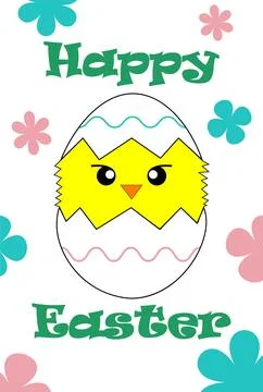 Happy Easter greeting card, poster with chicken, egg, flowers in pastel colors Stock Illustration