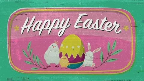 Happy Easter greeting card, poster, label or banner hand drawn retro style .. Stock Illustration