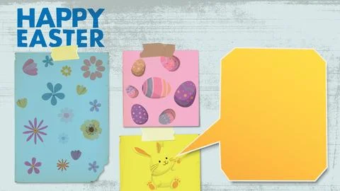 Happy Easter greeting card, poster or banner collage and retro style on old.. Stock Illustration