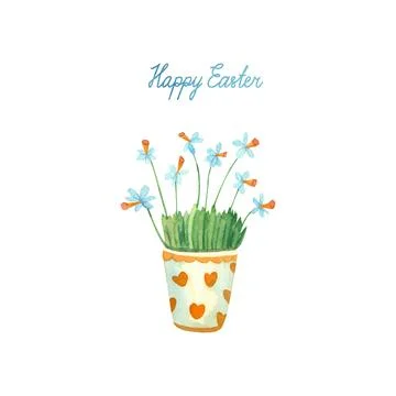 Happy Easter greeting card with potted daffodils Stock Illustration
