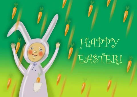 Happy Easter greeting card with rabbit boy Stock Illustration