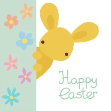 Happy Easter greeting card with rabbit, flowers Stock Illustration