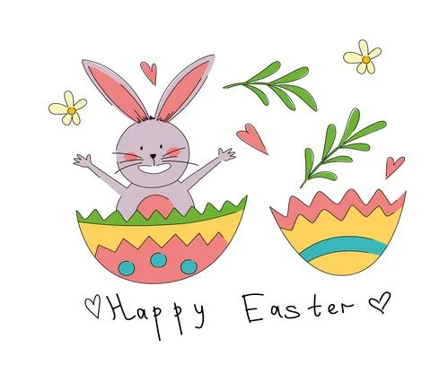Happy Easter greeting card. The rabbit hatches from a beautiful multicolored egg Stock Illustration