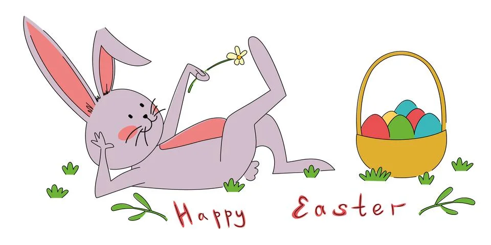 Happy Easter greeting card. A rabbit with a basket of colorful eggs lies in a Illustrazione stock