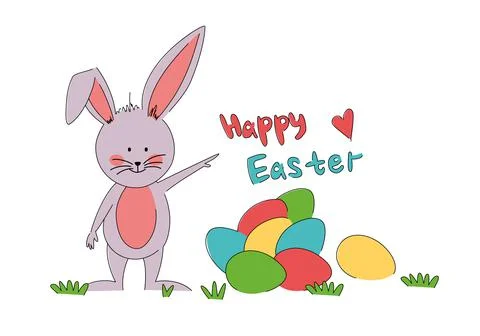 Happy Easter greeting card. A rabbit with a bunch of colorful eggs is standing Stock Illustration