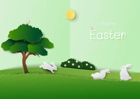 Happy Easter greeting card with rabbit family happy in the meadows on sunsh.. Illustrazione stock