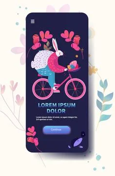 Happy Easter greeting card with rabbit riding on bike spring holiday celebration Stock Illustration