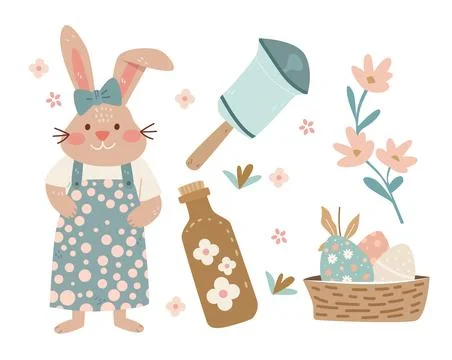 Happy Easter greeting card with rabbit eggs and spring flowers pastel colors Stock Illustration