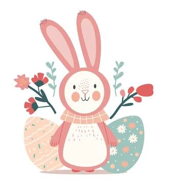 Happy Easter greeting card with rabbit eggs and spring flowers pastel colors Stock Illustration