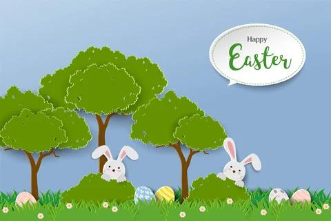 Happy Easter greeting card with rabbits hide in grass on paper cut style Stock Illustration