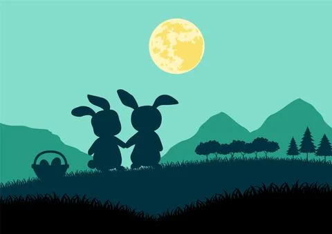 Happy Easter greeting card with rabbits and easter eggs on silhouette backgro Stock Illustration