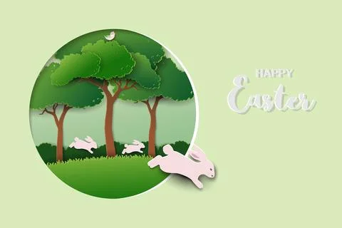 Happy Easter greeting card with rabbits family on spring forest Stock Illustration