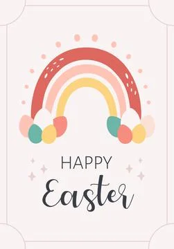 Happy Easter greeting card with rainbow and painted Easter eggs. Иллюстрация