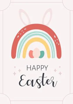 Happy Easter greeting card with rainbow and painted Easter eggs. Stock Illustration