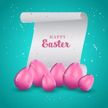 Happy Easter Greeting Card Scroll with Pink Painted Eggs on Light Blue Back.. Stock Illustration