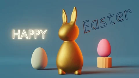 Happy Easter greeting card Shiny golden bunny eggs futuristic blue neon light 3d Stock Footage 233588826