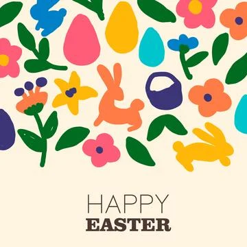 Happy Easter greeting card, simple flat shapes in colorful hand drawn doodl.. Stock Illustration