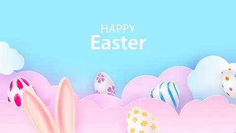 Happy Easter greeting card. Sky in pastel colors. Bunny ears and painted Easter Stock Illustration