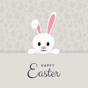 Happy Easter. Greeting card with smiley bunny on gray background with texture Illustrazione stock