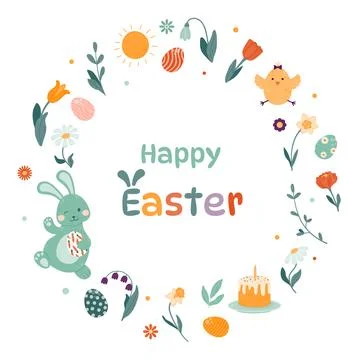 Happy Easter greeting card. Smiling rabbit holds an Easter egg in his paw a.. Stock Illustration