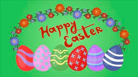 Happy Easter greeting card. Spring easter background painted eggs and flowers Stock Illustration