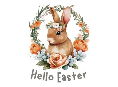 Happy Easter greeting card. Spring floristic frame border with rabbit and variou 스톡 일러스트