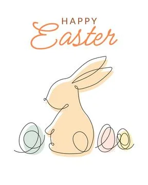 Happy Easter greeting card with spring bunny. Outline style. Vector illustrat Stock Illustration