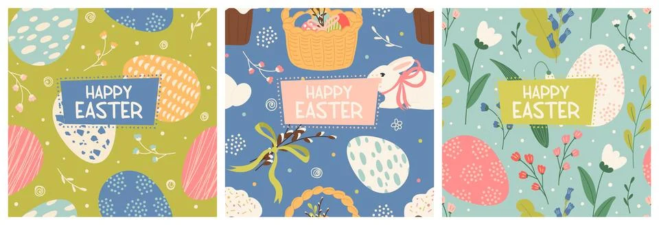Happy Easter greeting card square template isolated set 스톡 일러스트
