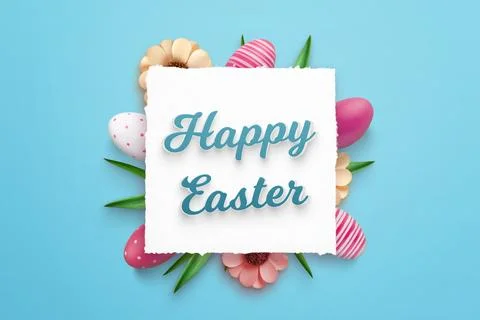 Happy Easter greeting card on square paper surrounded by Easter decorations.  Stock Photos
