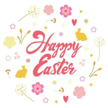 Happy Easter greeting card template. Creative poster with flowers and rabbits Stock Illustration
